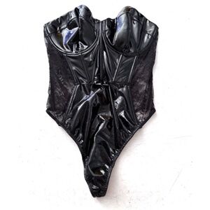 Victorias Secret New Faux Patent Leather Lace Balconette Boned Bodysuit Teddy XL